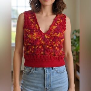 Handknit Red & Yellow Cropped V-Neck Sweater Vest